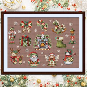 May include: A cross-stitch pattern featuring a variety of Christmas-themed images, including a nutcracker, a reindeer, a snowman, a fireplace, a rocking horse, a candy cane, a bow, a stocking, and a street lamp.