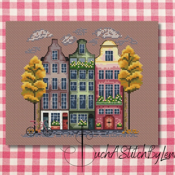 Autumn town cross stitch, Cross Stitch Pattern, Town Cross Stitch, Pattern Xstitch, Autumn Xstitch pattern