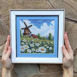 Kruissteekpatroon windmolen lente Nederland, borduurpatroon, madeliefjebloemen borduurwerk, pdf direct downloaden, DIY als cadeau