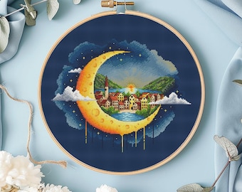 Padrão de ponto cruz para Moontown: Paisagem noturna fantástica de uma cidade (download instantâneo em PDF)