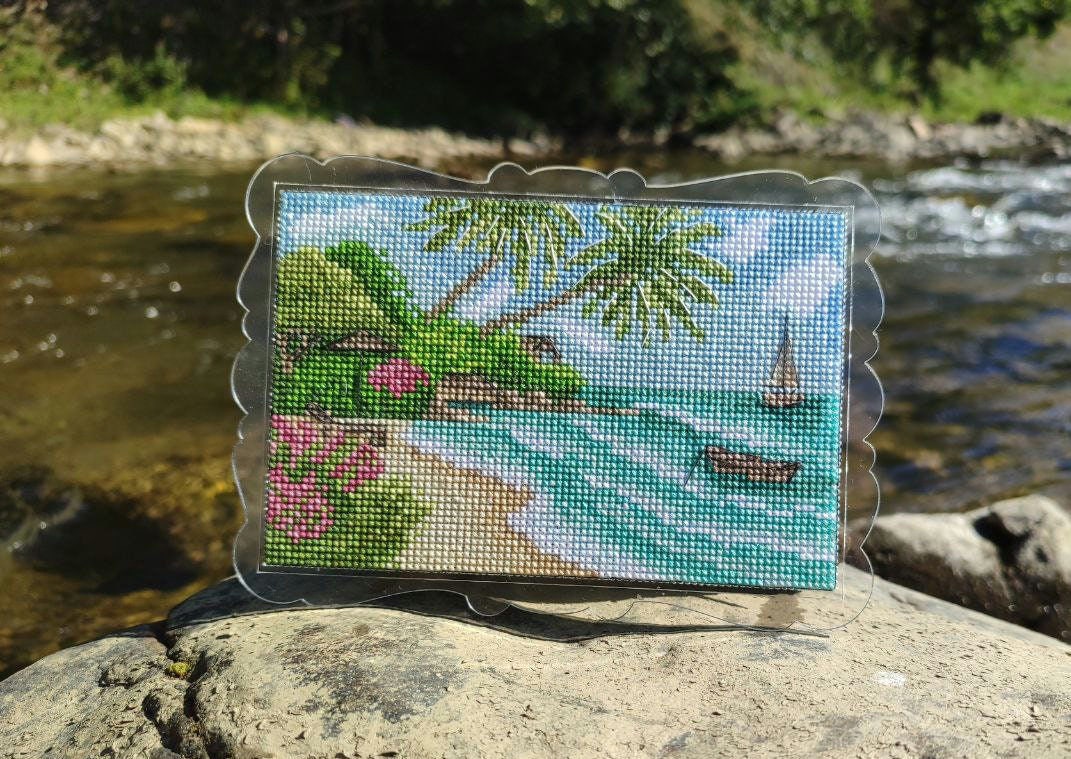 Tropical Beach Cross Stitch Pattern, Summer Embroidery Tutorial, Cross Stitch Palms, Seascape Landscape Embroidery, PDF Instand Download DIY