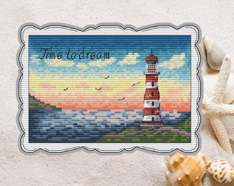 Mini Cross Stitch Pattern Sea Lighthouse, Embroidery Tutorial, Needlepoint Chart, PDF Digital Download, Cross Stitch Summer Beach, DIY Gift