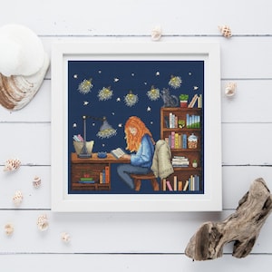 Girl with Grey Cat Cross Stitch Pattern: Cozy Book Room Embroidery (PDF Download)