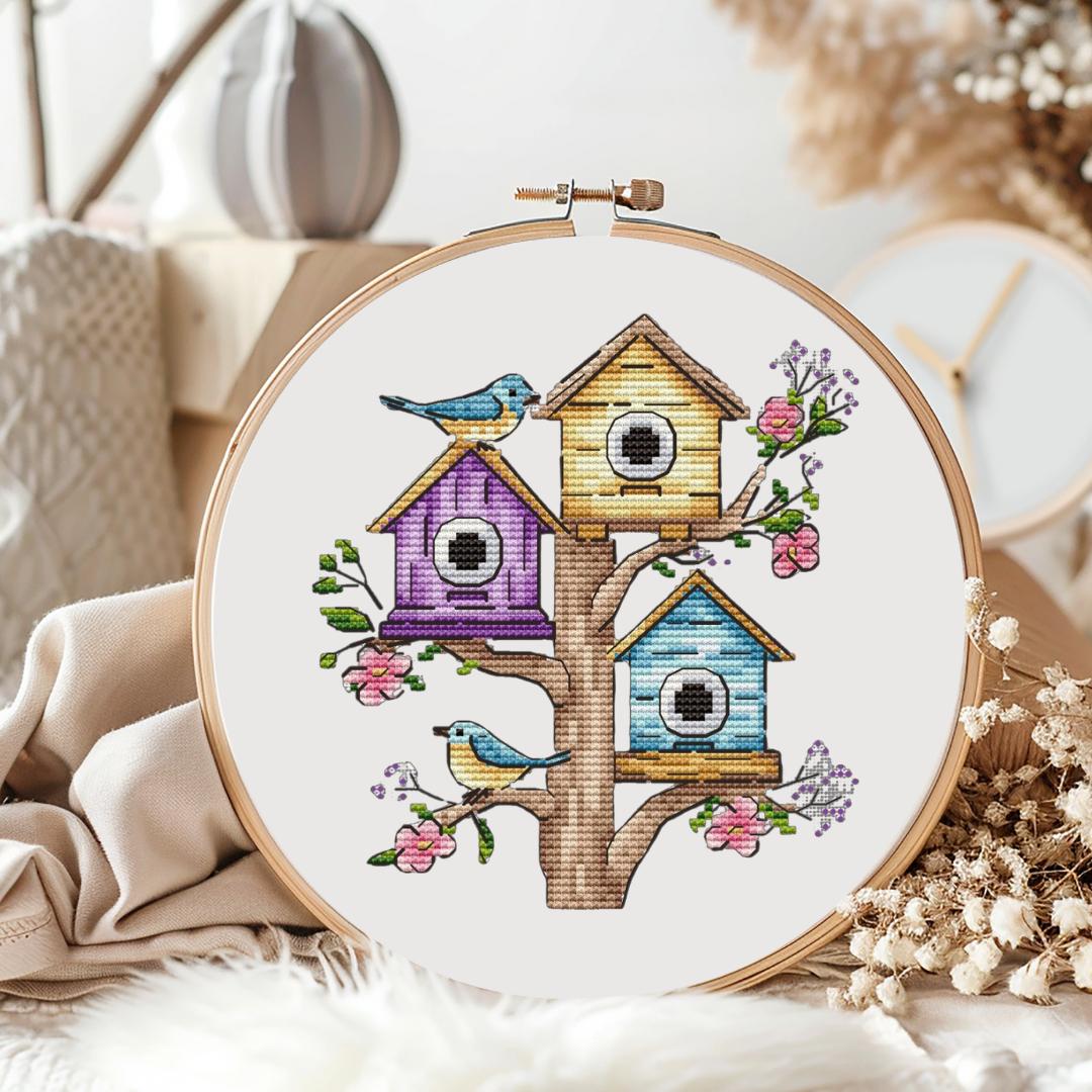 Bird Houses with Easter Flowers Cross Stitch Pattern, Easter Embroidery Tutorial, Easy Mini Cross Stitch, PDF Digital Pattern, Needlepoint