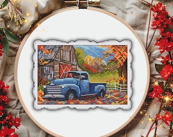 Autumn Blue Truck Postcard Cross Stitch Pattern, Mini Cross Stitch Postcard, Needlepoint Chart, PDF Instant Download, Fall Farm Pattern