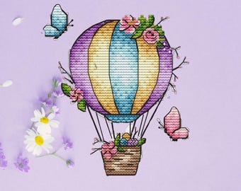 Blooming Easter Balloon A Whimsical Cross Stitch Pattern, Easy Easter Ornaments, Mini Embroidery, PDF Instant Download, Needlepoint Chart