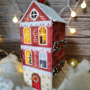 Décoration de Noël maison rouge 3D, motif point de croix 3D, téléchargement immédiat PDF, tutoriel broderie maison 3D, grille de broderie, point de x 3D
