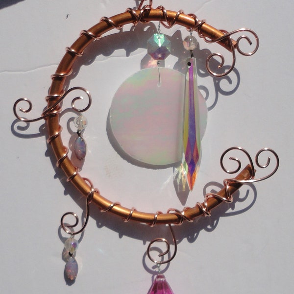 Moon Sculpture, Stained Glass Full Moon, "Moonbow", Garden Art, Wall Hanging, Mobile,Celestial, Iridescent,Aurora Borealis,Copper,Home Decor