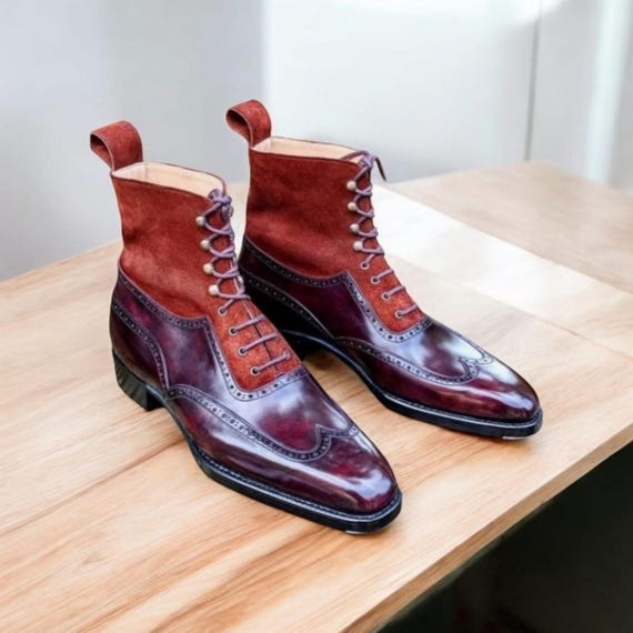 Men\'s Suede Wingtip Lace-Up Boots in Burgundy Wingtip Lace Up Ankle Boots - Navy Suede & Burgundy | Lethato main image 4