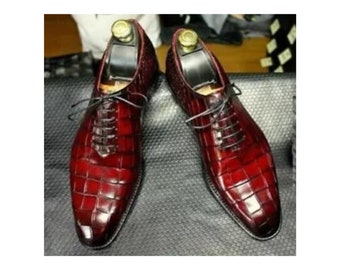 New Fashion Men's Trendy Handmade Red Crocodile Texture Genuine Leather Whole Cut Lace up Oxford Formal Dress Shoes