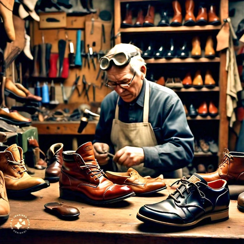 Puede incluir: Un zapatero trabajando en un taller, rodeado de varios zapatos y botas de cuero. El artesano lleva gafas y gafas protectoras, concentrado en su trabajo. Varios pares de zapatos se exhiben en la mesa de madera, mostrando diferentes estilos y colores.