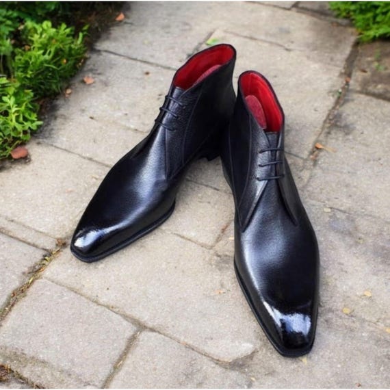 Handmade Men's Black Leather Chelsea Boots: Lace Up Ankle Boots