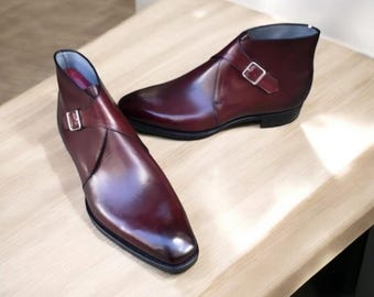 Handmade Brown Shaded Leather Chukka Boots: Men's Monk Strap Ankle High
