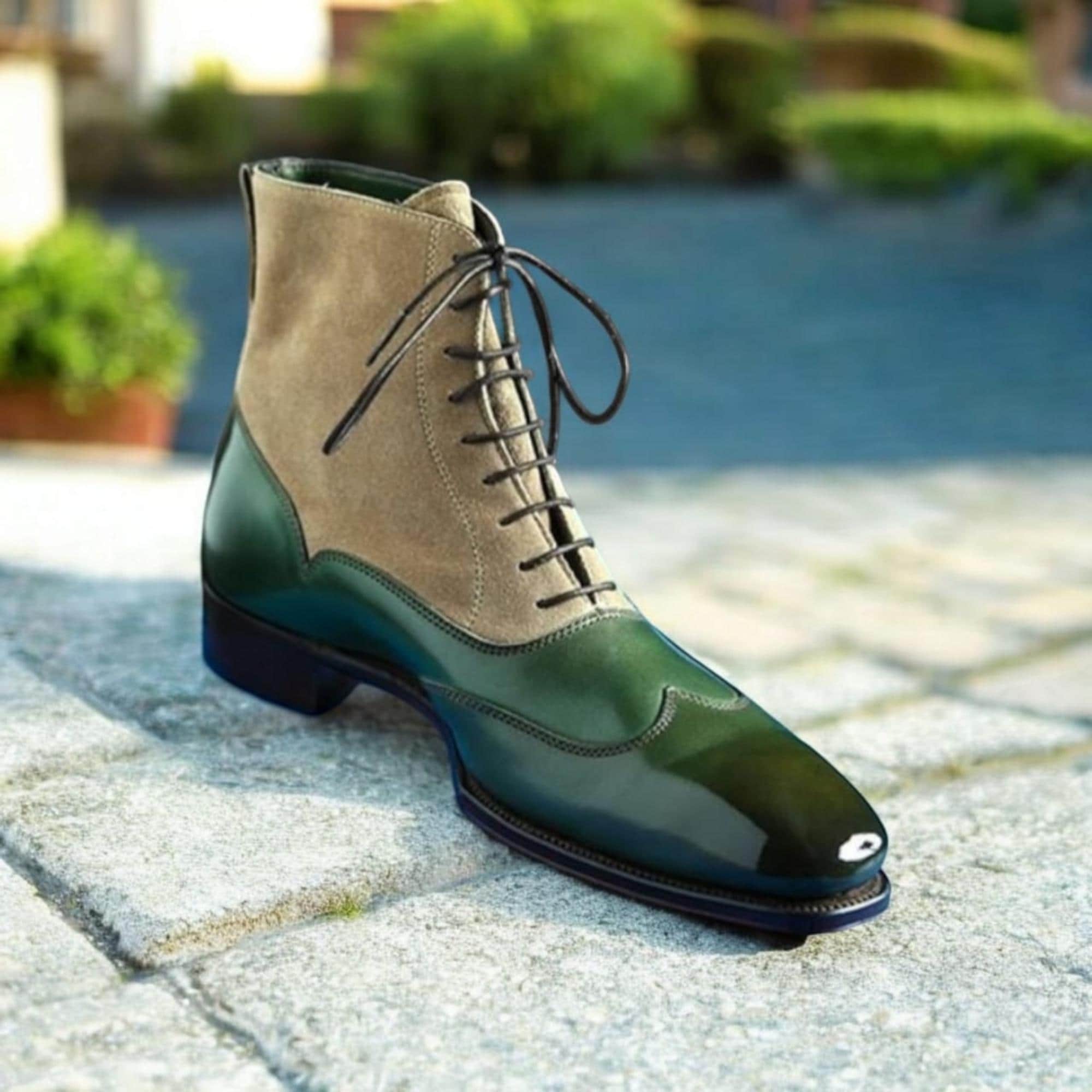 Handmade Two Tone Leather Wingtip Boots: Green & Beige Suede Handmade Two Tone Leather Wingtip Boots: Green & Beige Suede