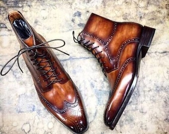 Comprar botas Chelsea altas hasta el tobillo con cordones y punta de ala de cuero marrón de dos tonos hechas a mano de nueva moda