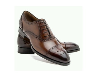 Trendy Men's New Fashion Handmade Brown Leather Cap Toe Lace Up Formal Oxford Brogue Dress Shoes