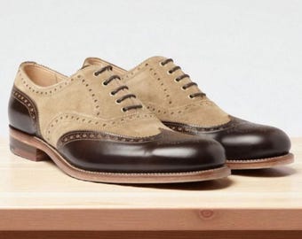Handmade Two-Tone Suede & Leather Wingtip Oxford Brogue