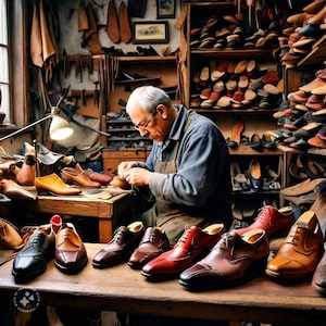 Puede incluir: Un zapatero trabajando en un taller, rodeado de zapatos y materiales de cuero. El artesano est&aacute; concentrado en su trabajo, con varios zapatos terminados expuestos sobre una mesa de madera. Estanter&iacute;as llenas de componentes y herramientas de zapatos.