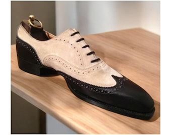 Handmade Two Tone Oxford Brogue Shoes: Black Leather & Beige Suede Wingtip