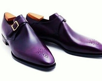 Comprar zapatos de monje formales con una sola correa estilo Brogue de cuero genuino hecho a mano de nueva moda para hombres