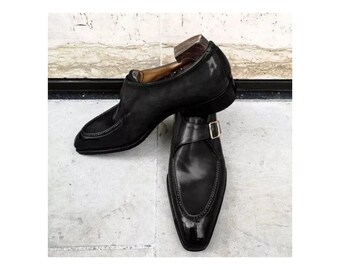 Men's Handmade Genuine Black Leather Single Strap: Formal Oxford Monk Shoes
