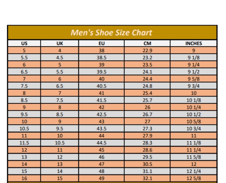Puede incluir: Una tabla de tallas de zapatos para hombre, con conversiones para US, UK, EU, cm y pulgadas. La tabla incluye tallas desde US 5 (22,9 cm) hasta US 16 (32,1 cm). El texto "Men's Shoe Size Chart" est&aacute; en la parte superior.