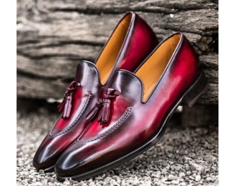 Custom Made Men's New Fashion Handmade Two Tone Red Shaded Leather Slip On Formal Oxford Moccasin Dress Shoes