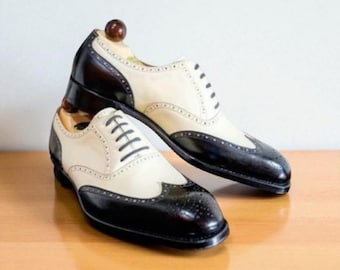 Handmade Two Tone Oxford Shoe: Men's Leather Brogue Wingtip