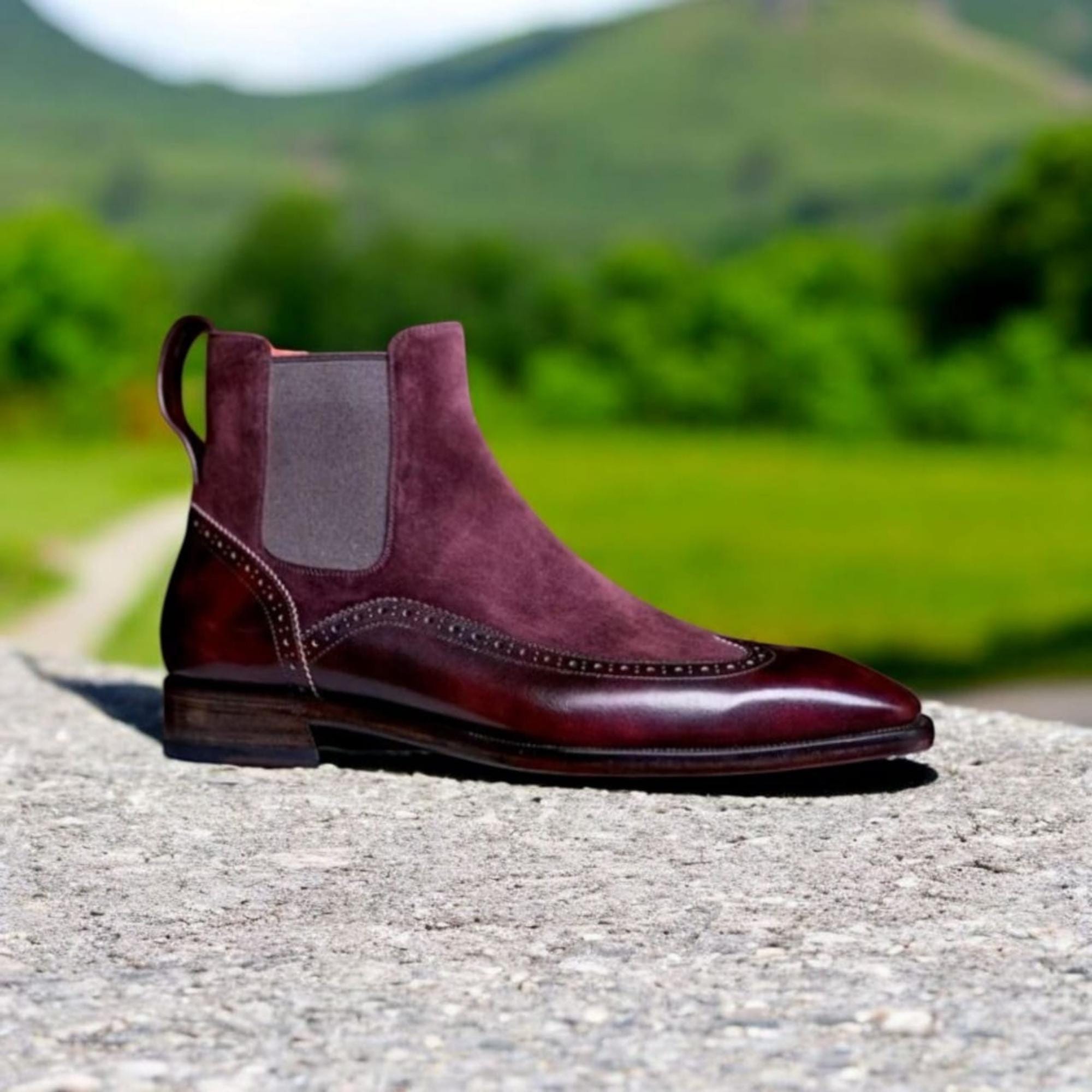 Handmade Two Tone Leather Wingtip Boots: Brown & Maroon  display picture 3