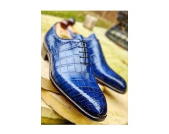 In Fashion Men's Trendy Handmade Blue Crocodile Texture Genuine Leather Lace up Oxford Formal Dress Shoes