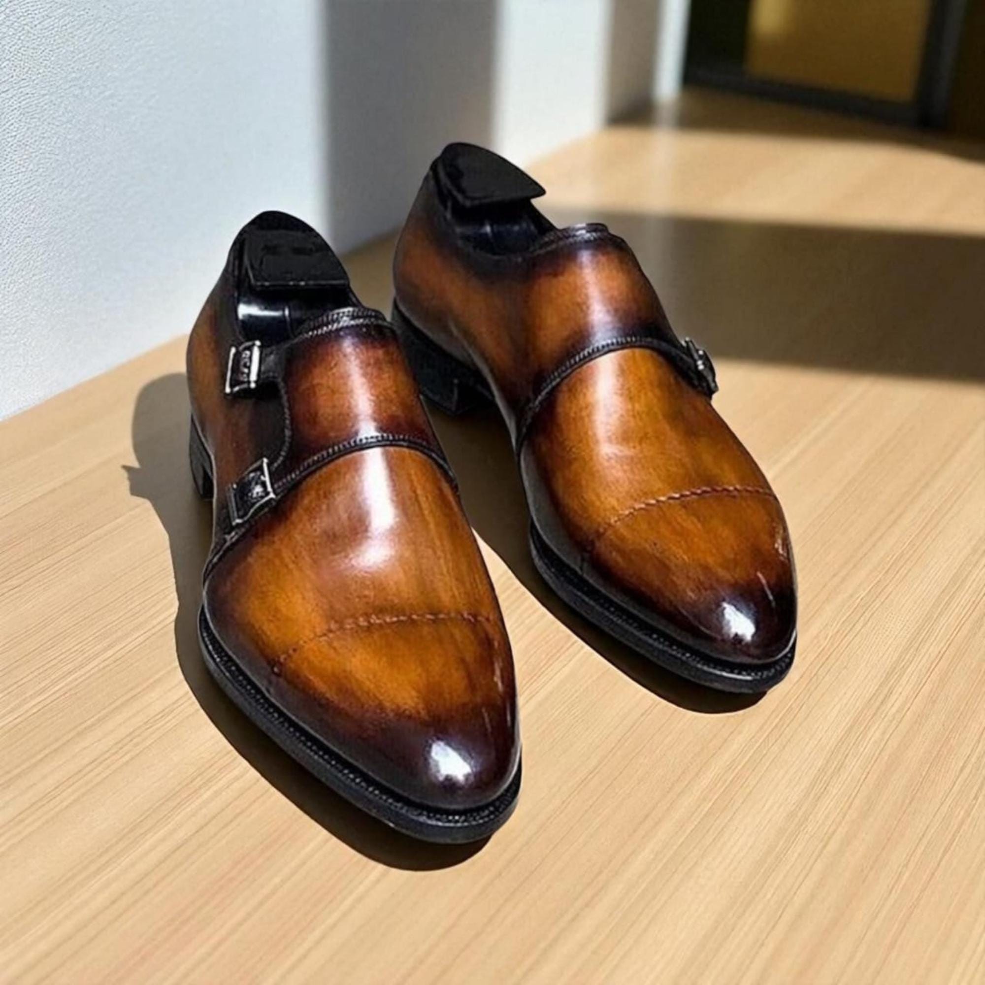 Handmade Brown Leather Double Strap Monk Shoes: Shaded  display picture 2