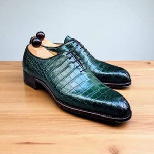 Buy New Stylish Men&#39;s Handmade Green Crocodile Texture Leather Whole Cut Lace up Oxford Formal Wedding Dress Shoes