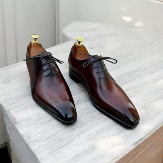 Maroon Leather Oxford Dress Shoes: Handmade Whole Cut Lace  display picture 1