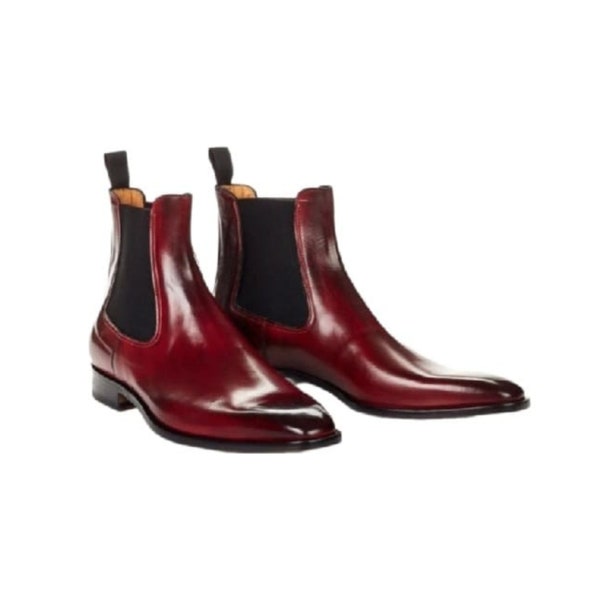 New Trendy Custom made Handmade Men's Maroon Leather Ankle High Chelsea Formal Dress Boots