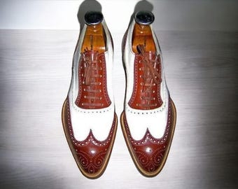 Handmade Leather Oxford Brogue Shoes: White & Reddish Brown Wingtip