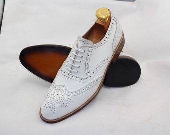 Bespoke Men's Handmade white leather oxford shoe, men's dress up brogue punch on toe, men's  wingtip formal wear shoe