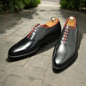 New Men&#39;s Handmade Plain Black Leather Oxford Lace Up Men&#39;s One Piece Whole Cut Dress Up Formal Office Wear Shoes