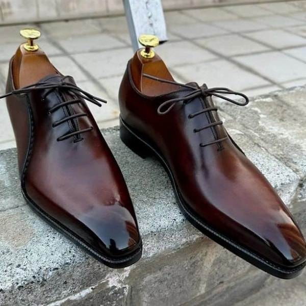 Custom made New Men's Handmade Two Shaded Brown Genuine Leather Whole Cut Lace up Oxford Formal Dress Shoes