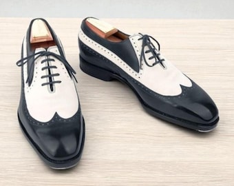 Handmade Two-Tone Black & White Leather Oxford Shoes : Men's Wingtip Brogues