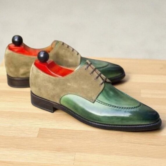 Handmade Two Tone Leather Oxford Dress Shoes - Green & Camel Suede