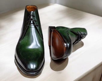 Botas Chelsea Chukka de piel verde con degradado hechas a mano
