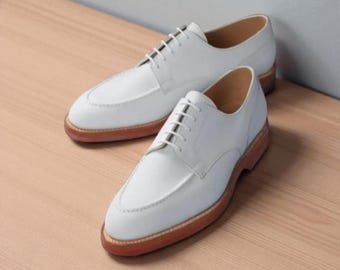 Handmade White Leather Oxford Shoes: Men's Lace Up Derby Dress