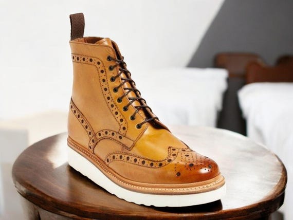 Handmade Tan Leather Wing Tip Chelsea Boots: Men display picture 1