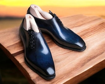 Handmade Blue Shaded Leather Oxford Dress Shoes: Men's Formal Side Lace Up