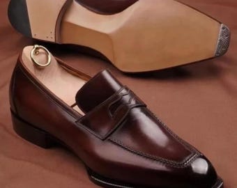 Handgefertigte Zweifarbige Penny Loafers: Herren Braun Schattierte Leder Oxford Schuhe