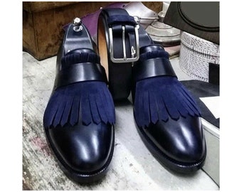 Zapatos de vestir formales sin cordones estilo mocasín con flecos de gamuza y cuero azul genuino hechos a mano de nueva moda para hombres