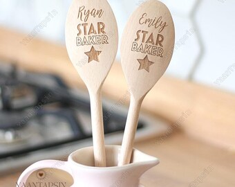 Cuillère en bois personnalisée, Cuillère en bois Star Baker, Décoration de cuisine, Cuillère avec nom personnalisé, Ustensiles de cuisine en bois, Cadeau pour boulanger