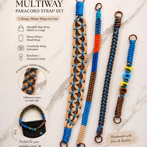 Pode incluir: Um conjunto de alças de paracord multiuso composto por quatro tiras trançadas nas cores azul, marrom e bege com anéis em tom de cobre. As alças exibem vários padrões de nós, incluindo uma com contas de letras amarelas e azuis que formam a palavra YOLO.