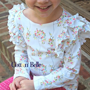 Patrón de costura descargable, Patrón de costura PDF para niñas, FIDDLEHEAD Flutter Top Tallas 2-12, Top de punto elástico, 3 opciones de manga