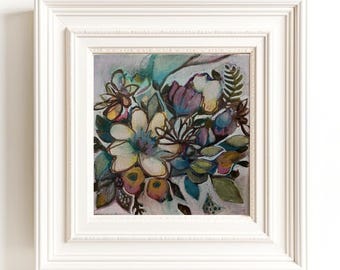 Mini Arte. Pintura acrílica abstracta floral original de 8 x 8 pulgadas. Flor liberada n.° 1